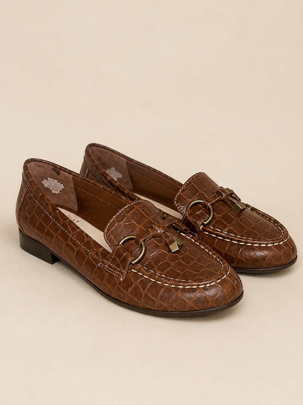 Mootsies Tootsies Brown Croc Embossed Loafers Horsebit Flats Size 6.5